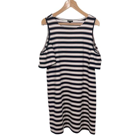 Ann Taylor Cold Shoulder Striped Flutter Dress Blue/Pink Size: Large Petite - Picture 1 of 9